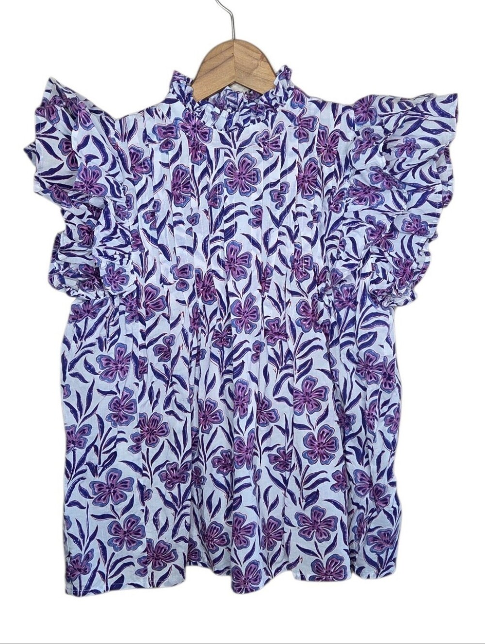 Victoria Dunn Jameson Ruffle High Neck Purple White Floral Cotton Top Size XS